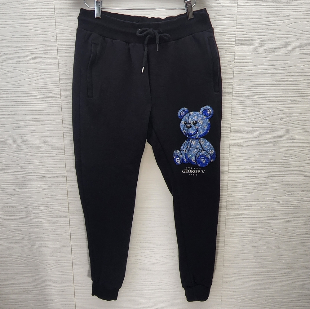 Avenue George V Paris Rhinestone Bear Joggers Size M (SMALL Fit) Black Blue